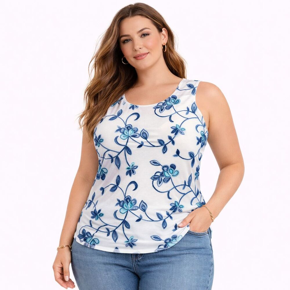 Avenue Plus Size 22/24 Floral Embroidered Mesh Overlay Blouse Tank Top White